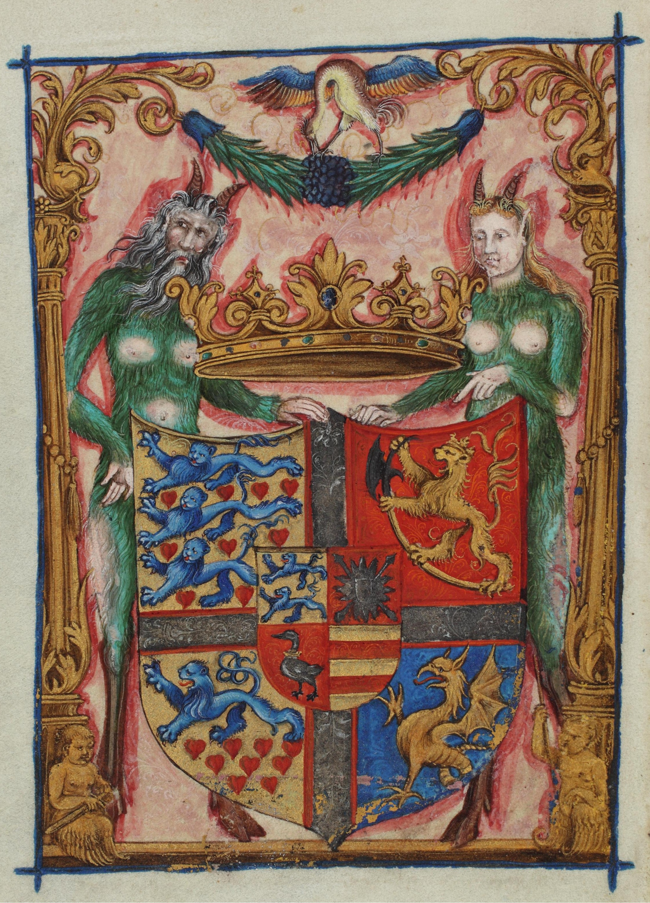 Medieval illuminated coat of arms manuscript with detailed heraldic symbols
